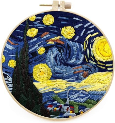 Meecaa Sternenhimmel Mond Van Gogh Stickset Starterset Handstickerei-Set Muster gedruckt Kreuzstich Set für Anfänger Erwachsene mit Stickrahmen und Anleitung (Sternenhimmel) von Meecaa
