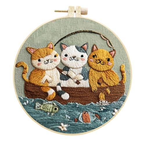 Meecaa Stickerei Kit Starter Set, Angeln Katze Blume Tier Handstickerei Set, Muster Gedruckt Kreuzstich Set für Anfänger Erwachsene, mit Stickrahmen und Anleitung (Angeln 1) von Meecaa