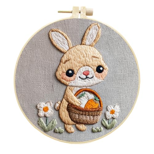 Meecaa Stickerei Kit Starter Set, Kaninchen Rettich Blume Pflanze Handstickerei Set, Muster gedruckt Kreuzstich Set für Anfänger Erwachsene, mit Stickrahmen und Anleitung (Hase 1) von Meecaa