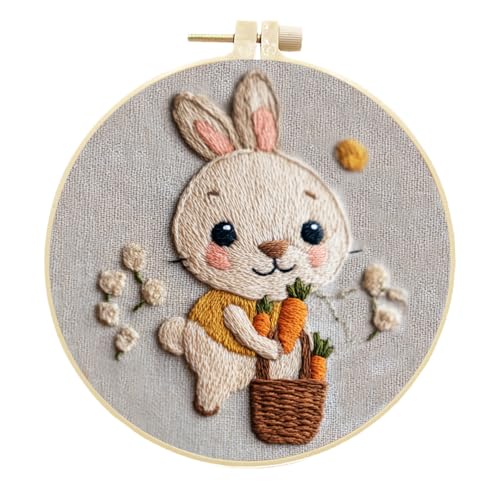 Meecaa Stickerei Kit Starter Set, Kaninchen Rettich Blume Pflanze Handstickerei Set, Muster gedruckt Kreuzstich Set für Anfänger Erwachsene, mit Stickrahmen und Anleitung (Hase 2) von Meecaa