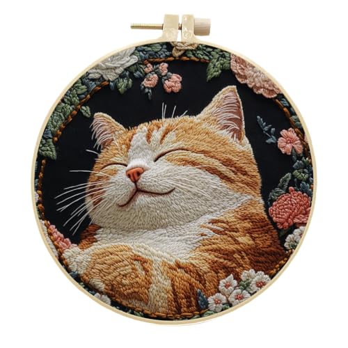 Meecaa Stickerei Kit Starter Set, Katze Blume Tier Handstickerei Set, Muster Gedruckt Kreuzstich Set für Anfänger Erwachsene, mit Stickrahmen und Anleitung (Katze 2) von Meecaa