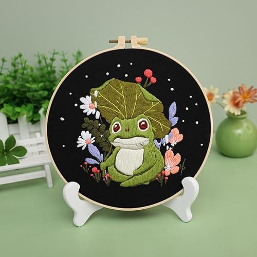 Meecaa Stickerei Kit Starter Set, Lotus Tier Frosch Blume Handstickerei Set, Muster Gedruckt Kreuzstich Set für Anfänger Erwachsene, mit Stickrahmen und Anleitung (Frosch 2) von Meecaa