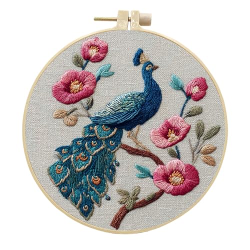 Meecaa Stickerei Kit Starter Set, Pfau Blume Tier Handstickerei Set, Muster Gedruckt Kreuzstich Set für Anfänger Erwachsene, mit Stickrahmen und Anleitung (Pfau 1) von Meecaa