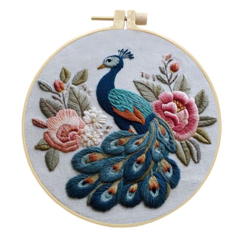 Meecaa Stickerei Kit Starter Set, Pfau Blume Tier Handstickerei Set, Muster Gedruckt Kreuzstich Set für Anfänger Erwachsene, mit Stickrahmen und Anleitung (Pfau 2) von Meecaa