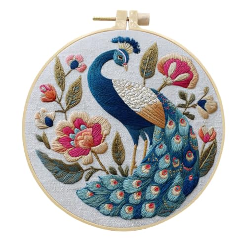 Meecaa Stickerei Kit Starter Set, Pfau Blume Tier Handstickerei Set, Muster Gedruckt Kreuzstich Set für Anfänger Erwachsene, mit Stickrahmen und Anleitung (Pfau 3) von Meecaa