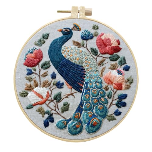 Meecaa Stickerei Kit Starter Set, Pfau Blume Tier Handstickerei Set, Muster gedruckt Kreuzstich Set für Anfänger Erwachsene, mit Stickrahmen und Anleitung (Pfau) von Meecaa