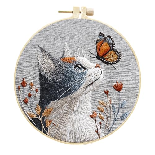 Meecaa Stickerei Kit Starter Set, Schmetterling Katze Blume Handstickerei Set, Muster Gedruckt Kreuzstich Set für Anfänger Erwachsene, mit Stickrahmen und Anleitung (Schmetterling) von Meecaa