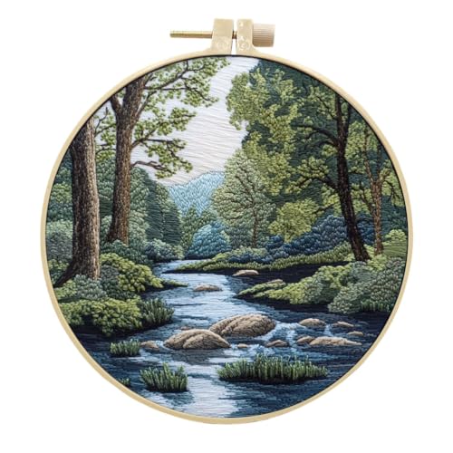 Meecaa Stickerei Kit Starter Set, See Baum Blume Landschaft Handstickerei Set, Muster Gedruckt Kreuzstich Set für Anfänger Erwachsene, mit Stickrahmen und Anleitung (Landschaft 4) von Meecaa