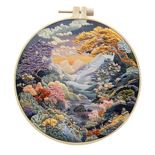 Meecaa Stickerei Kit Starter Set, See Baum Blume Landschaft Handstickerei Set, Muster Gedruckt Kreuzstich Set für Anfänger Erwachsene, mit Stickrahmen und Anleitung (Landschaft 6) von Meecaa