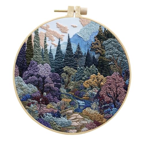 Meecaa Stickerei Kit Starter Set, See Baum Blume Landschaft Handstickerei Set, Muster Gedruckt Kreuzstich Set für Anfänger Erwachsene, mit Stickrahmen und Anleitung (Landschaft 8) von Meecaa