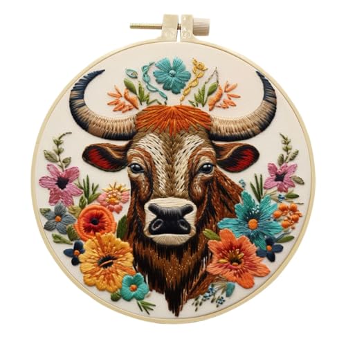 Meecaa Stickerei Kit Starter Set, Stier Blume Tier Handstickerei Set, Muster Gedruckt Kreuzstich Set für Anfänger Erwachsene, mit Stickrahmen und Anleitung (Bull 3) von Meecaa