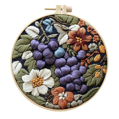 Meecaa Stickerei Kit Starter Set, Traubenfrucht Blumen Handstickerei Set, Muster gedruckt Kreuzstich Set für Anfänger Erwachsene, mit Stickrahmen und Anleitung (Grape) von Meecaa