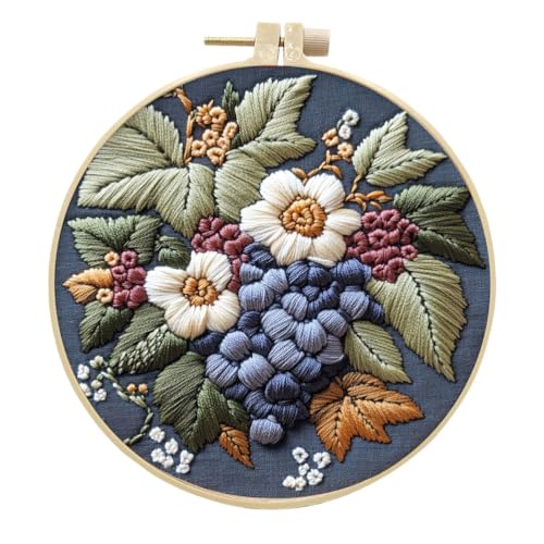 Meecaa Stickerei Kit Starter Set, Traubenfrucht Blumen Handstickerei Set, Muster gedruckt Kreuzstich Set für Anfänger Erwachsene, mit Stickrahmen und Anleitung (Grape 1) von Meecaa