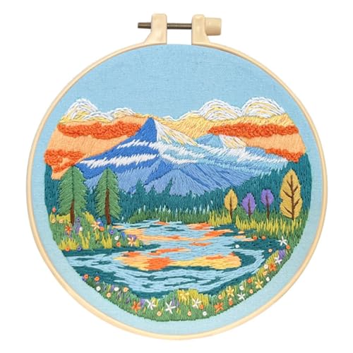 Meecaa Stickset mit Flussbaum, Blume, Wolke, Berg, Stickset, Handstickset, Muster, bedrucktes Kreuzstich-Set für Anfänger und Erwachsene, mit Stickrahmen und Anleitung (Querformat 2) von Meecaa