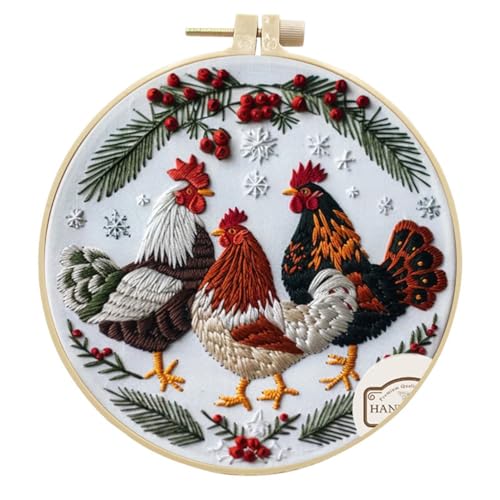 Meecaa Stickset mit Huhn, Hahn, Tier-Stickerei, Starter-Set, Handstickerei-Set, gemustertes Kreuzstich-Set für Anfänger und Erwachsene, mit Stickrahmen und Anleitung (Huhn) von Meecaa