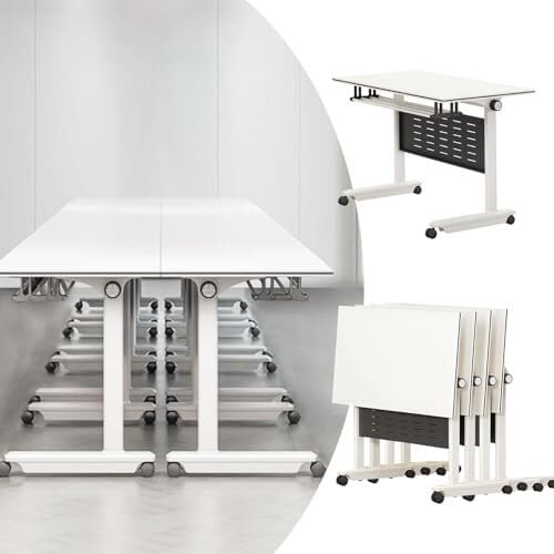 Meedlopia Klappbarer Konferenztisch, mobiler, rechteckiger Konferenztisch mit Klappplatte, Schreibtisch für Büro-Sitzungsräume geräuscharmen Eisenrollen Büro, Klassenzimmer (4 Stück, 160 cm) von Meedlopia