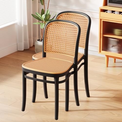 Meedlopia Massivholz-Rattan-Mid-Century-Modern-Esszimmerstuhl, Stühle Rattan-Esszimmerstühle 4er-Set, armloser Holzstuhl mit handgeflochtener Rattan-Rückenlehne, Lounge-Sitzhocker von Meedlopia
