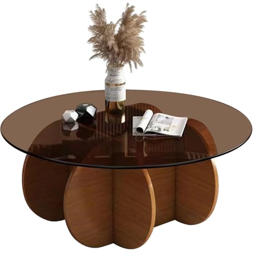Meedlopia Modern Couchtisch mit Glasplatte, Mitte des Jahrhunderts Abstraktes Ende mit Holzsockel, Kleiner Mitteltisch, Minimalistischer Couchtisch aus Glas für Wohnzimmer, Homeoffice von Meedlopia