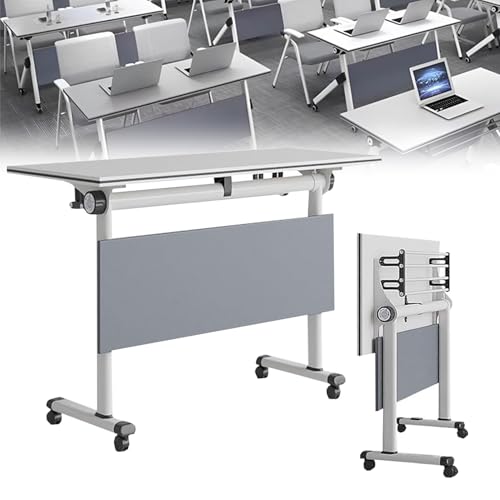 Meedlopia Moderner weißer quadratischer Konferenztisch mit Rollen, beweglicher Computertisch für Seminar- und Sitzungssaal-Meetings von Meedlopia