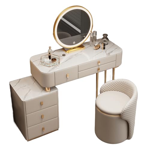 Meedlopia Schminktisch mit Beleuchtung, Elegantes Schminktisch-Set mit Marmorplatte - Komplett-Set mit LED-Makeup-Spiegel, Hocker und 6 Holzladen - Schreibtisch-Set für Damen und Mädchen von Meedlopia