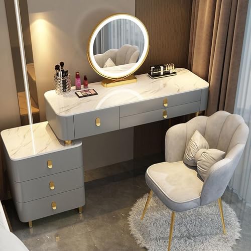 Meedlopia Schminktisch mit Beleuchtung, Vanity Set with 6 Drawers & 3-Color LED Adjustable 360°Rotating Mirror, Luxury Dressing Table with Adjustable Cabinet and Chair for Bedroom Women, Girls von Meedlopia