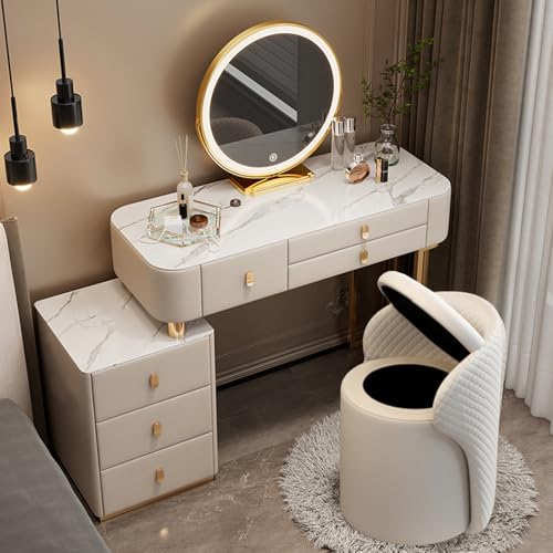 Meedlopia Stylisches Schminktisch-Set für Frauen - Mit 3-stufigem LED-Spiegel, marmorartiger Platte, praktischem Schminktisch mit Seitenschrank & Sitzhocker mit Staufach - Ideal für Dame & Mädchen von Meedlopia