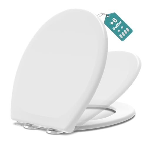 MEEJEE Toilettendeckel mit Absenkautomatik, Weiß WC Sitz Oval, Klobrille Soft Close, Klodeckel Absenkautomatik, O-förmige Toilettenbrille WC Deckel Toilettensitz Familien, Toilet Seat Einfache Montage von Meejee