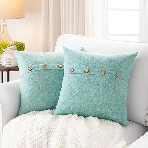 Set mit 2 quadratischen Kissenbezügen, Meeresschaum, grün, 45.7x45.7 cm, Sommer-Strand-Kissenbezügen mit Kokosnussknöpfen, für Sofa, Couch, Wohnzimmer, Schlafzimmer, Bauernhaus-Dekoration für Zuhause Set mit 2 quadratischen Kissenbezügen, Meeresschaum, grün, 45.7x45.7 cm, Sommer-Strand-Kissenbezügen mit Kokosnussknöpfen, für Sofa, Couch, Wohnzimmer, Schlafzimmer, Bauernhaus-Dekoration für Zuhause von Meekio