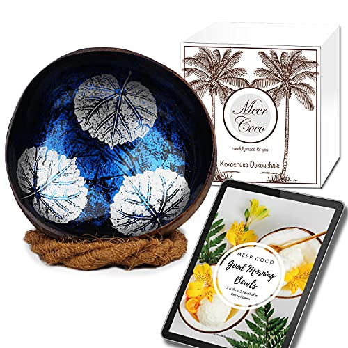 Meer Coco I Blaue Design Kokosnuss Schale I INKL. Rezepte Ebook I Geschenk Set I Kokosnussschale und Schalen Halter I Ideal als Acai-, Frühstück-, Snack- Bowls I Deko Schüssel I Lebensmittelecht von Meer Coco