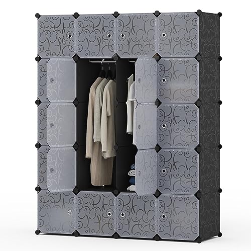 Mondeer 35x45cm Regalsystem Kleiderschrank, 20 Würfel Wardrobe mit 3 Kleiderstangen, Stapelbar Faltschrank mit Tür, für Schlafzimmer Kleidung Schuhe Spielzeug, Schwarz und Weiß 145x47x181cm von Mondeer