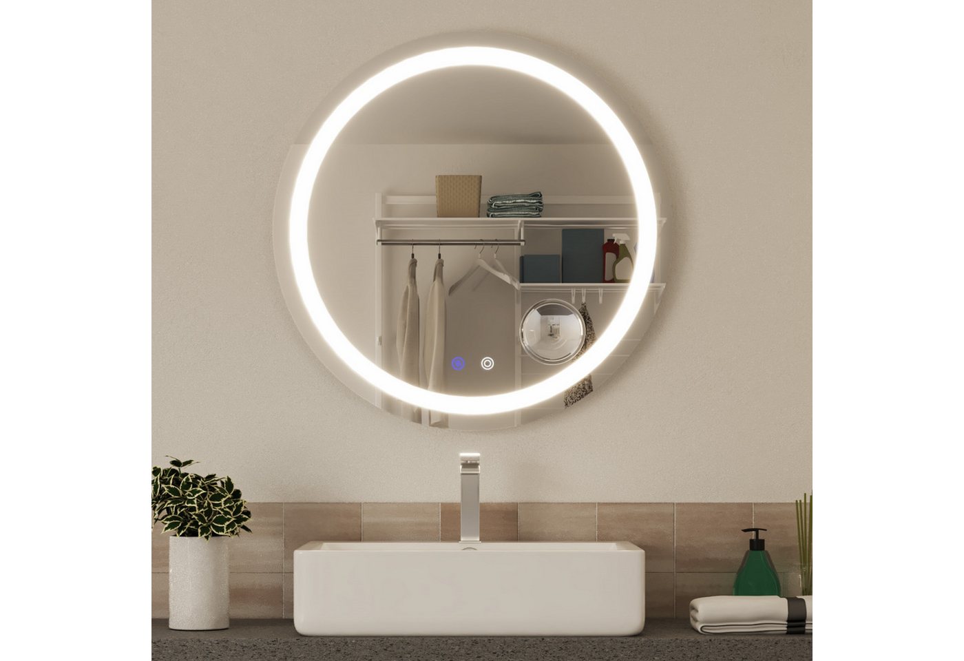Meerveil Badspiegel Badezimmerspiege (IP44), 70x50cm mit Touch-Schalter und Beschlagfrei, 5Fach-Lupe Abnehmbar von Meerveil