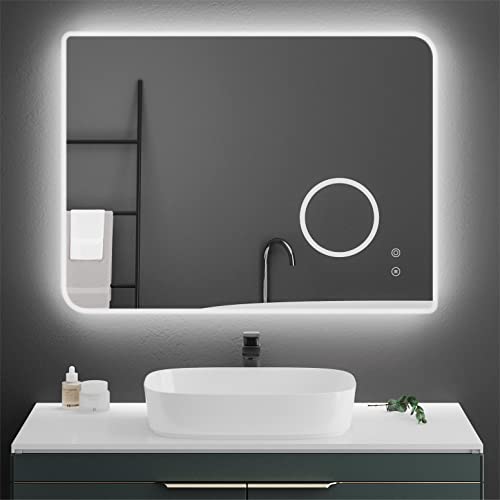 Meerveil LED Badspiegel mit Touchschalter, 3X Vergrößerung, Anti-Beschlag, 3 dimmbare Lichtfarben für Badezimmer, 80x60 cm, 3000K-6500K, [Energieklasse E] von Meerveil