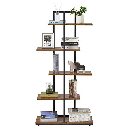 Meerveil Bücherregal, Standregal, 5 Lagiges Asymmetrisches Split-Level Lagerregal, Retro-Industrie Stil Ausstellungsregal, Offene Regalebene, für Wohnzimmer Büro Schlafzimmer, 74 x 28 x 145 cm, Braun von Meerveil