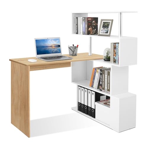 Meerveil Computertisch L-Förmig, Eckschreibtisch, mit 360 Grad Drehbarem Bücherregal für Arbeitszimmer Wohnzimmer Büro, 157 x 45 x 130,5 cm, Eiche (Tischplatte) und Weiß (Regal) von Meerveil
