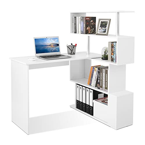 Meerveil Computertisch L-Förmig, Eckschreibtisch, mit 360 Grad Drehbarem Bücherregal für Arbeitszimmer Wohnzimmer Büro 157 x 45 x 130,5 cm, Weiß von Meerveil