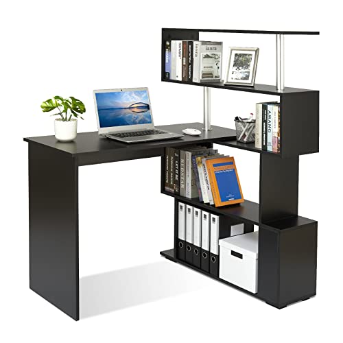 Meerveil Computertisch L-Förmig, Eckschreibtisch, mit 360 Grad Drehbarem Bücherregal für Arbeitszimmer Wohnzimmer Büro 157 x 45 x 130,5 cm, Schwarz von Meerveil