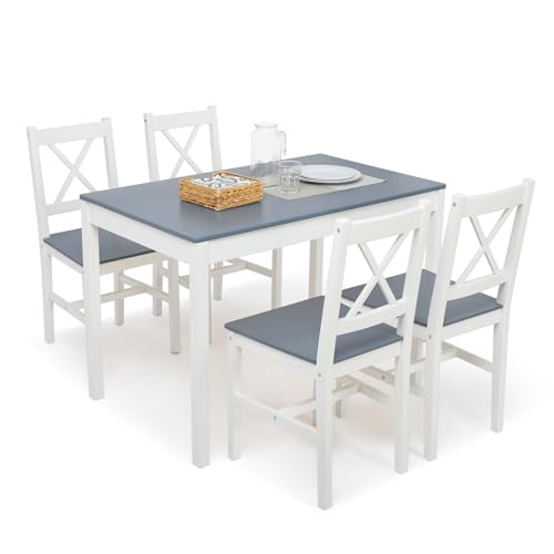 Mondeer Esstisch mit 4 Stühlen, Essgruppe Esszimmergarnitur Massiv Holztisch Klassischer Stil für Esszimmer küche, 108 x 65 x 73 cm, Blau von Mondeer