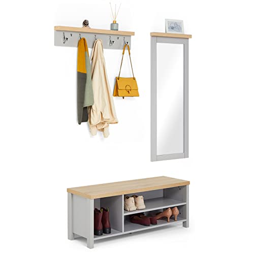 Mondeer Garderobenset, Schuhbank Wandspiegel und Garderobenständer mit 5 Haken Set, Holz Moderner Stil, für Eingang Flur, Grau von Mondeer