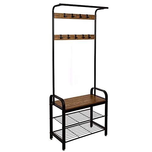 Meerveil Garderobe, Eingangsschrank, Garderobe mit Schuhregal, 3 Ebenen, 9 abnehmbare Haken, Metallrahmen, 72 x 34 x 183 cm, rustikales Braun und Schwarz von Meerveil