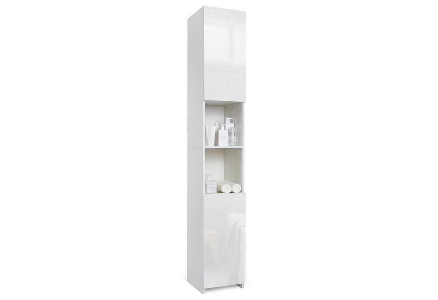 Mondeer Hochschrank Badschrank mit 2 Hochglanz Türen und 6 Trennwänden 30 x 30 x 183.5cm, Weiß von Mondeer