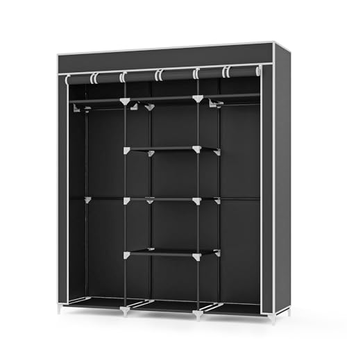 Mondeer Kleiderschrank, Stoffschrank, roßes Stauraum, Stabiler Schrank, für Schlafzimmer, Ankleidezimmer, Polypropy Eisenlegierung Stahl Kunststoff, Black, 150x45x175cm von Mondeer