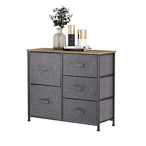 Mondeer Kommode, Kommode Schmal, Schrank mit 5 Groß Schubladen, Stoff Schubladenschrank, Kleideraufbewahrung, Aufbewahrung Schrank, 85x30x70cm, Stabiler Metallrahmen, Grau 85x30x70 von Mondeer