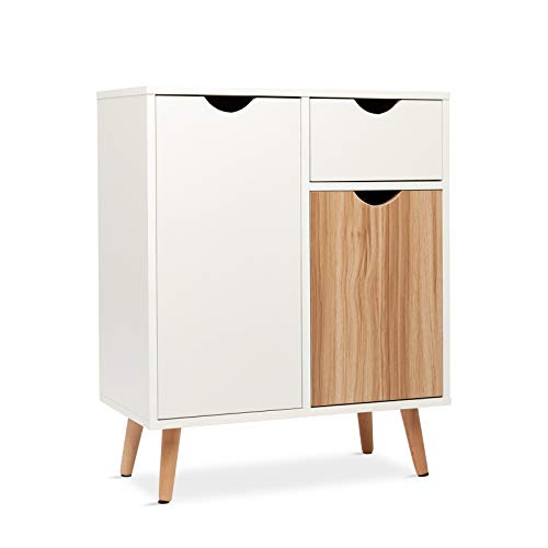 Mondeer Kommode, Sideboard Küchenschrank Holz mit 1 Schubladen 2 Türen für Wohnzimmer Schlafzimmer Flur, 60 x 30 x 73 cm, Weiß und Natur von Mondeer