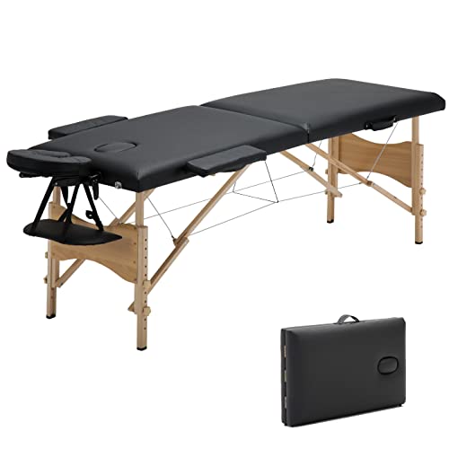 Mondeer Mobile Massageliege Klappbar 2 Zonen, Höhenverstellbar Zusammenklappbar Aus Holz Massagetisch, Für Behandlungssalon, Mit Kopfstütze, Armlehne, Schwarz von Mondeer