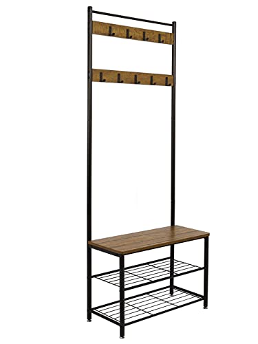 Mondeer Garderobenständer, Schuhregal mit Garderobe, 3 Ablagen und 9 Abnehmbaren Hake, Industrie Design, aus Metall und Holz,70 x 32 x 175 cm, für Flur, Braun von Mondeer