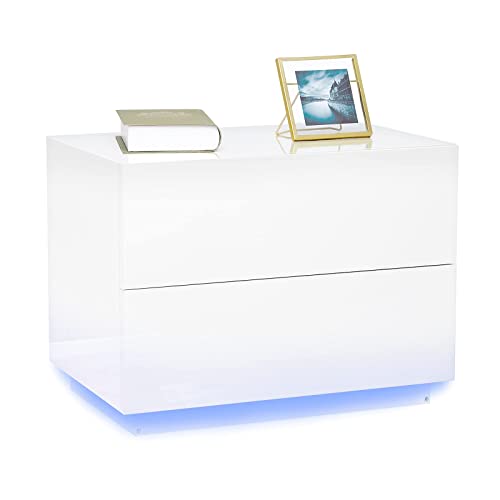 Meerveil Nachttisch, LED Hochglanz Nachttisch mit 2 Schubladen USB Lampe für Schlafzimmer und Wohnzimmer, 60 x 39 x 45cm, Weiß von Meerveil