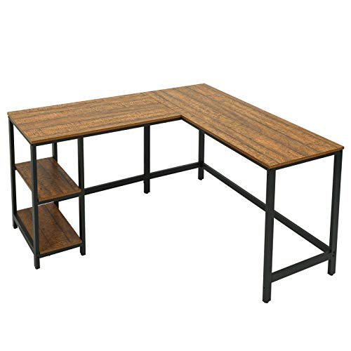 Meerveil Schreibtisch, Eckschreibtisch, L-förmiger Computertisch mit mit 2 herausnehmbaren Ablagen, 140 x 130 x 76 cm, platzsparend, für Büro, Homeoffice, Arbeitszimmer, Wohnzimmer, Braun-schwarz von Meerveil