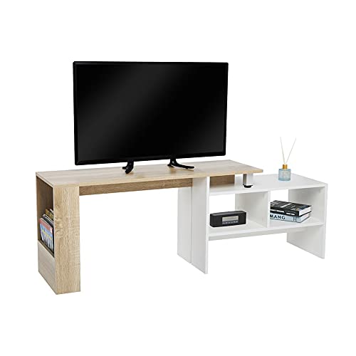 Meerveil TV-Schrank, Fernsehtisch Umkehrbarer Einstellbare Richtung Moderner für Wohnzimmer, 166x35x50 cm Weiß und Holzfarben von Meerveil