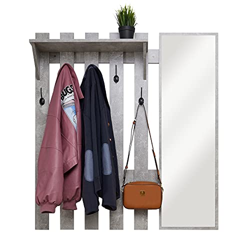 Meerveil Wandgarderobe mit Spiegel, Holz Garderobe mit 5 Haken Ablage Industriestil für Flur Eingangsbereich, 100 x 22 x 106 cm, Grau von Meerveil