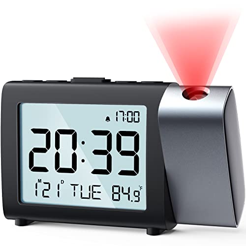 MeesMeek Projektion Digitaler Wecker: Digital Alarm Clock mit Temperatur Datum 12/24H einstellbare Helligkeit Lautstärke, Batteriebetriebene Uhr für Kinder Senioren Schlafzimmer Nachttisch Büro (Rot) von MeesMeek